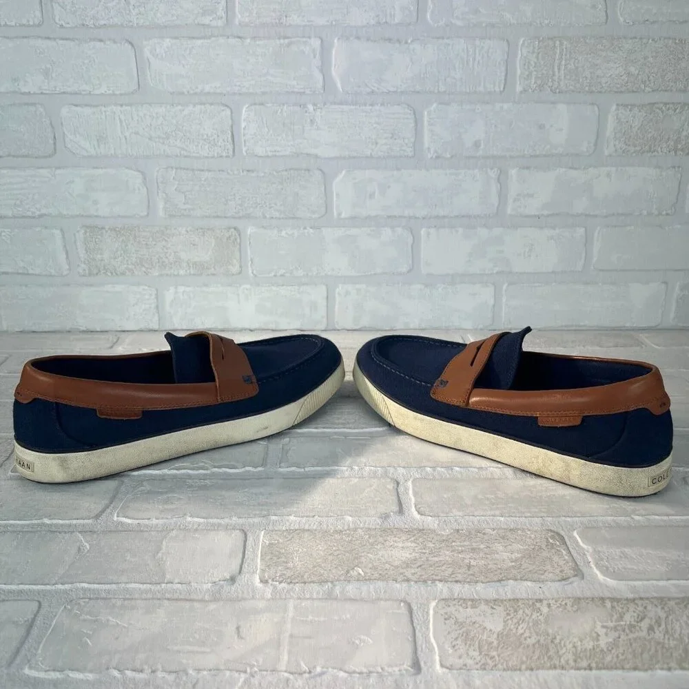 Cole Haan‎ Mens 9.5 M Nantucket 2.0 Navy Blue Brown Canvas Slip On Penny Loafer